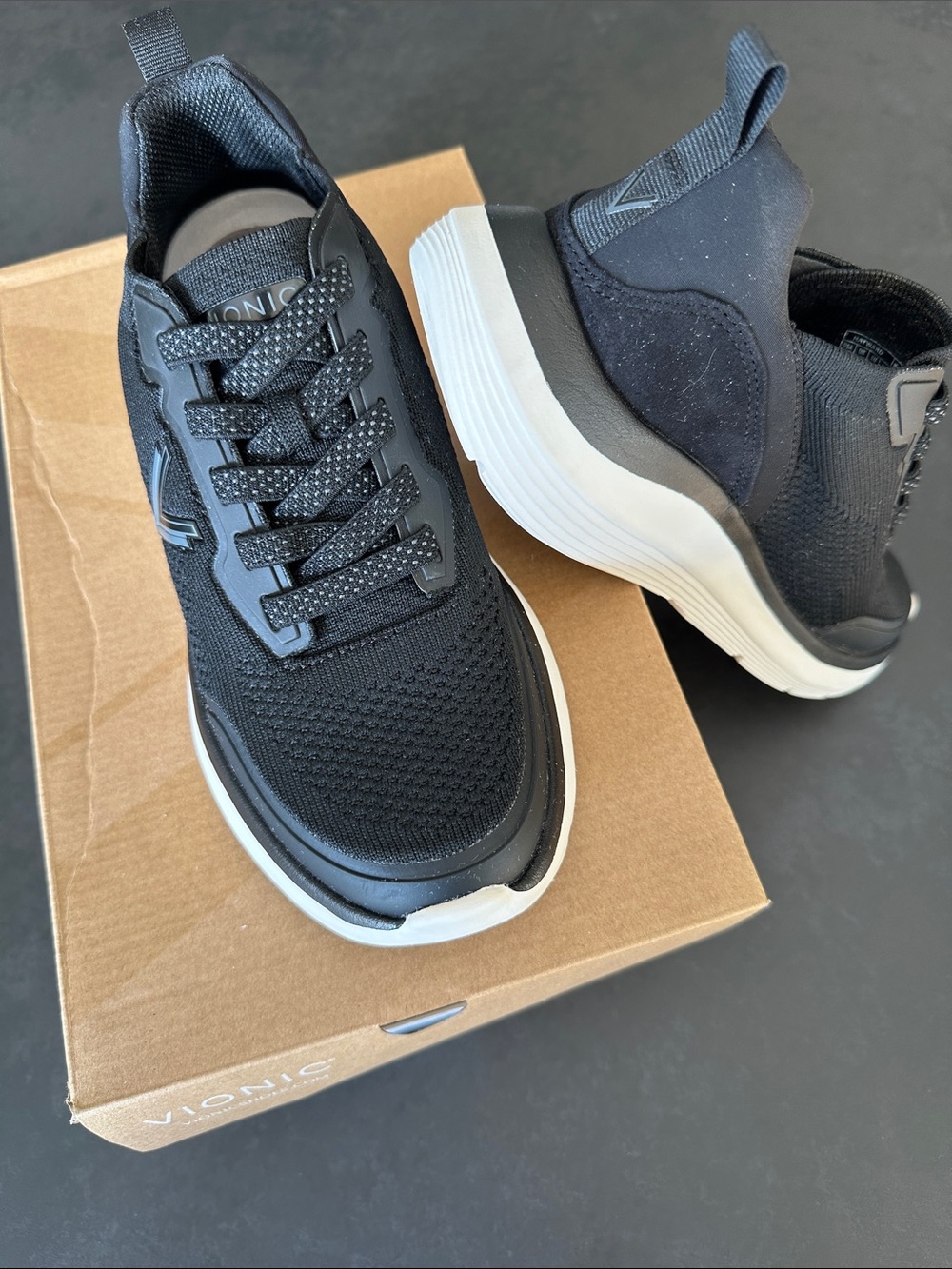 Vionic Women’s Hayward Black Knit and Suede Athletic Sneakers with White Sole